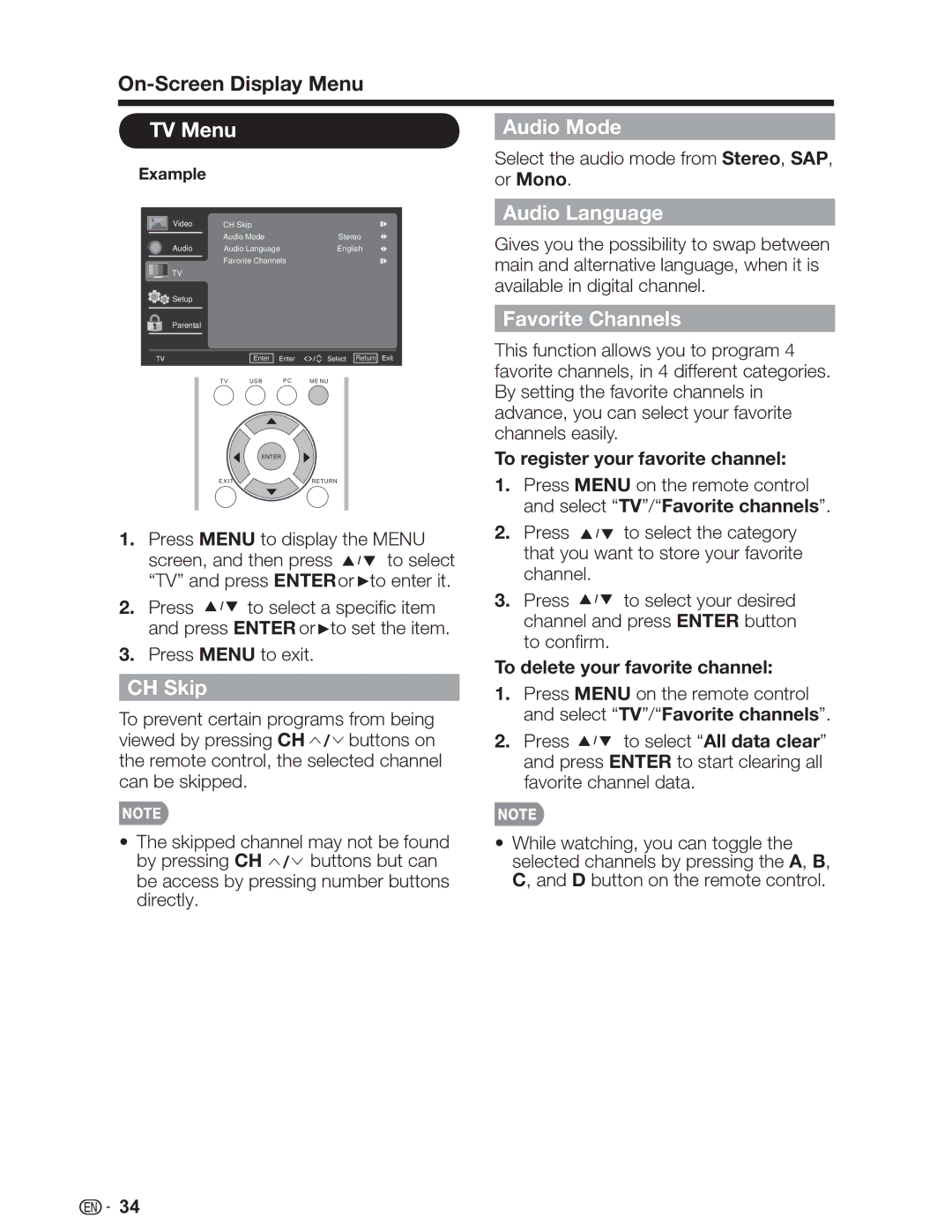 Sharp LC-32SV29U, LC-46SV49U, LC-26SV490U operation manual TV Menu Audio Mode, CH Skip, Audio Language, Favorite Channels 