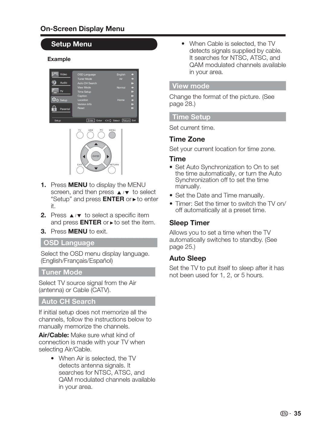 Sharp LC-46SV49U, LC-32SV29U, LC-26SV490U Setup Menu, OSD Language, Tuner Mode, View mode, Time Setup, Auto CH Search 