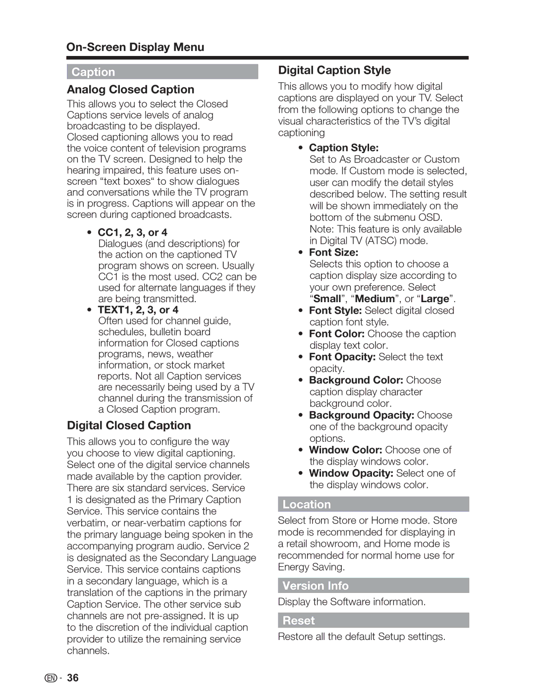 Sharp LC-26SV490U, LC-32SV29U, LC-46SV49U operation manual Caption, Location, Version Info, Reset 