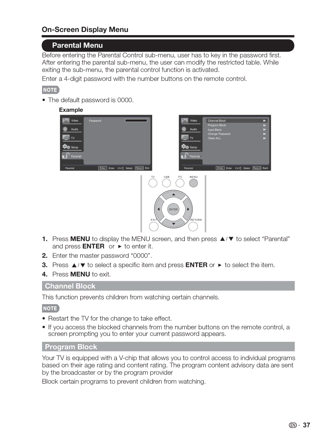 Sharp LC-32SV29U, LC-46SV49U, LC-26SV490U operation manual Parental Menu, Channel Block, Program Block 