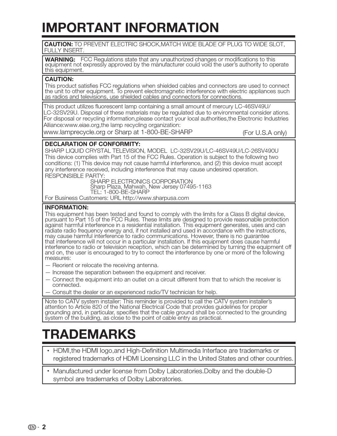 Sharp LC-46SV49U, LC-32SV29U, LC-26SV490U operation manual Trademarks, This equipment 