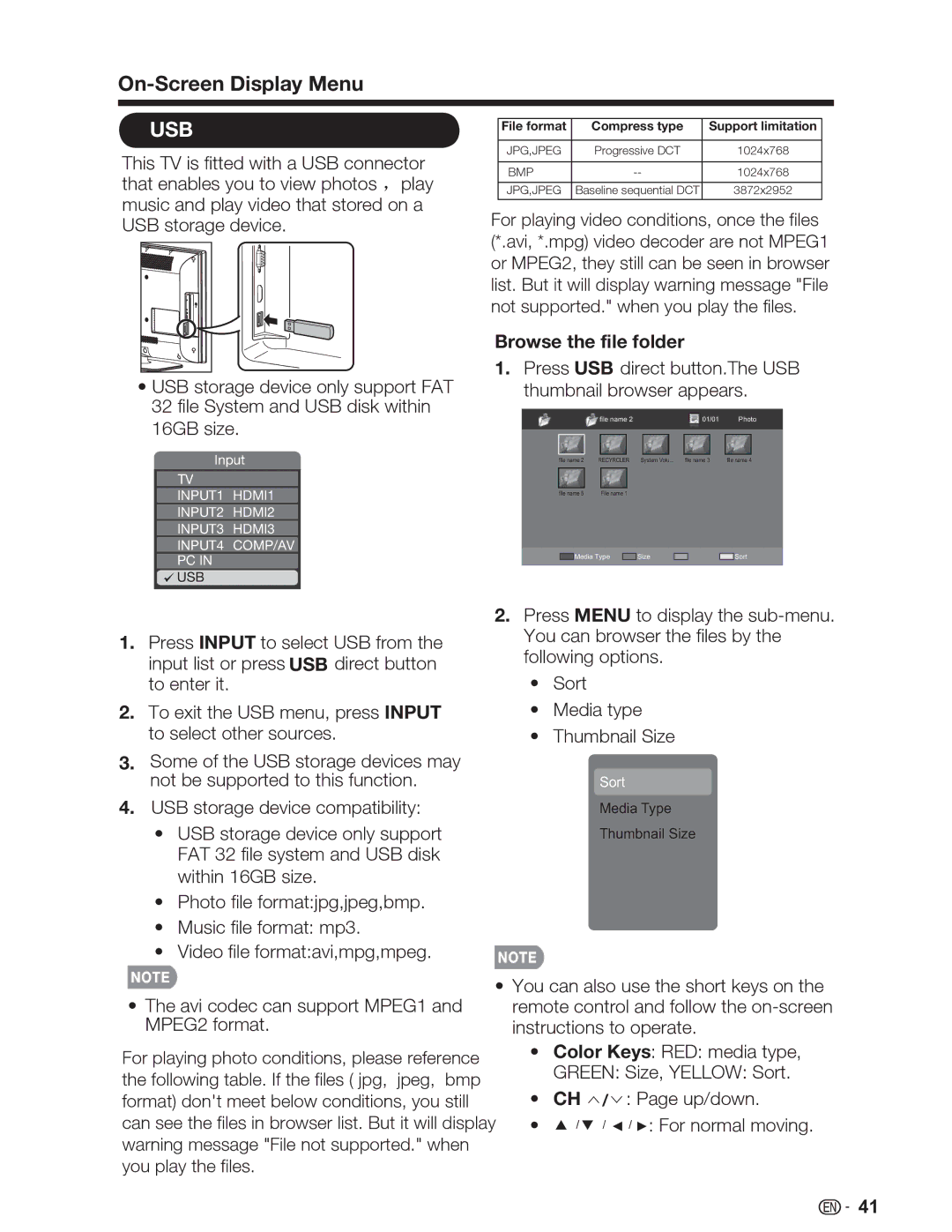 Sharp LC-46SV49U, LC-32SV29U, LC-26SV490U operation manual Usb, Browse the file folder 