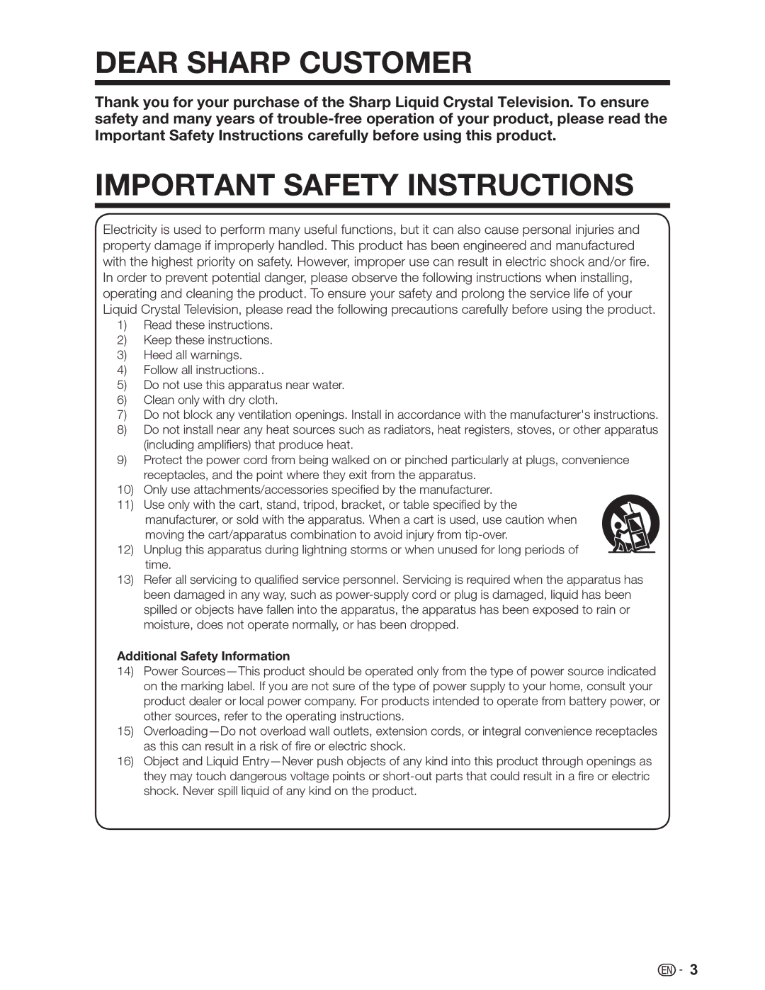 Sharp LC-26SV490U, LC-32SV29U, LC-46SV49U operation manual Dear Sharp Customer, Important Safety Instructions 