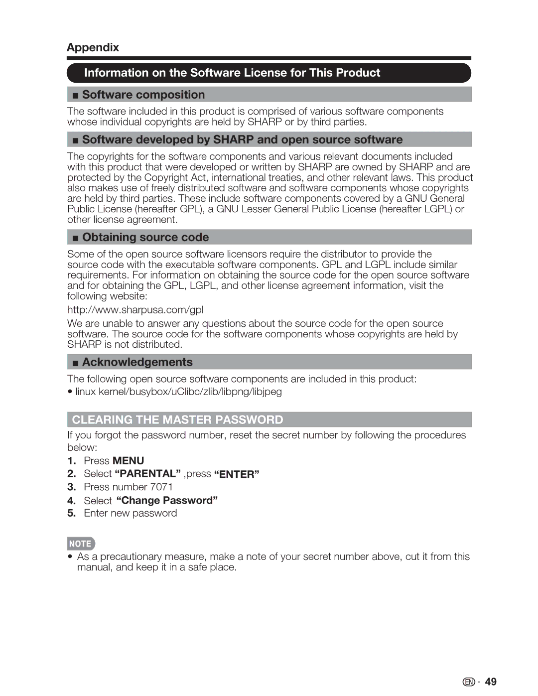 Sharp LC-32SV29U, LC-46SV49U Information on the Software License for This Product, Clearing the Master Password 