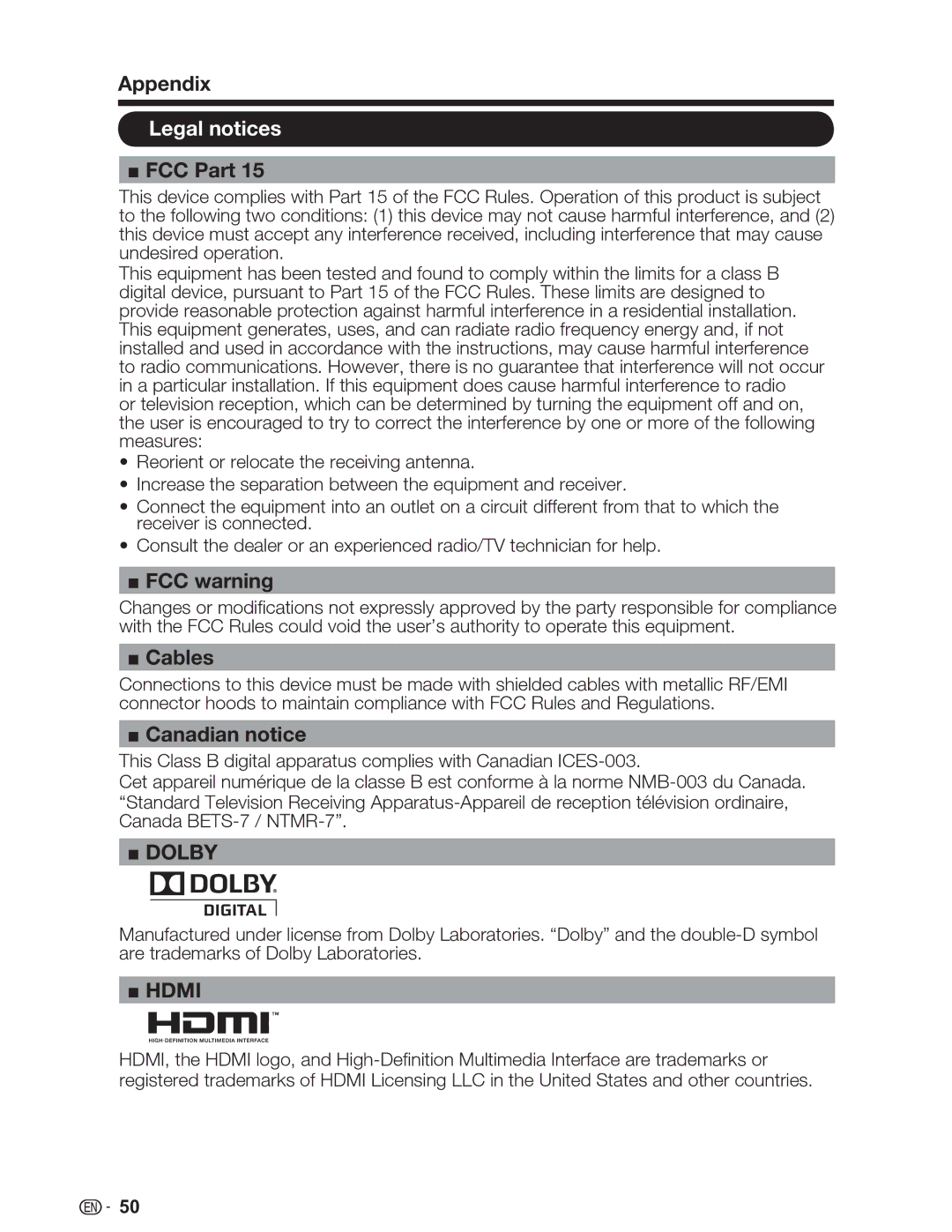 Sharp LC-46SV49U, LC-32SV29U, LC-26SV490U operation manual Legal notices, FCC Part, FCC warning, Cables, Canadian notice 