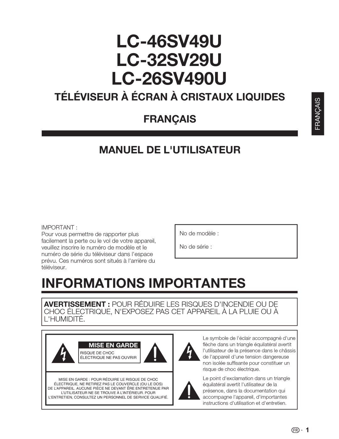 Sharp LC-32SV29U, LC-46SV49U, LC-26SV490U operation manual Informations Importantes, Français 