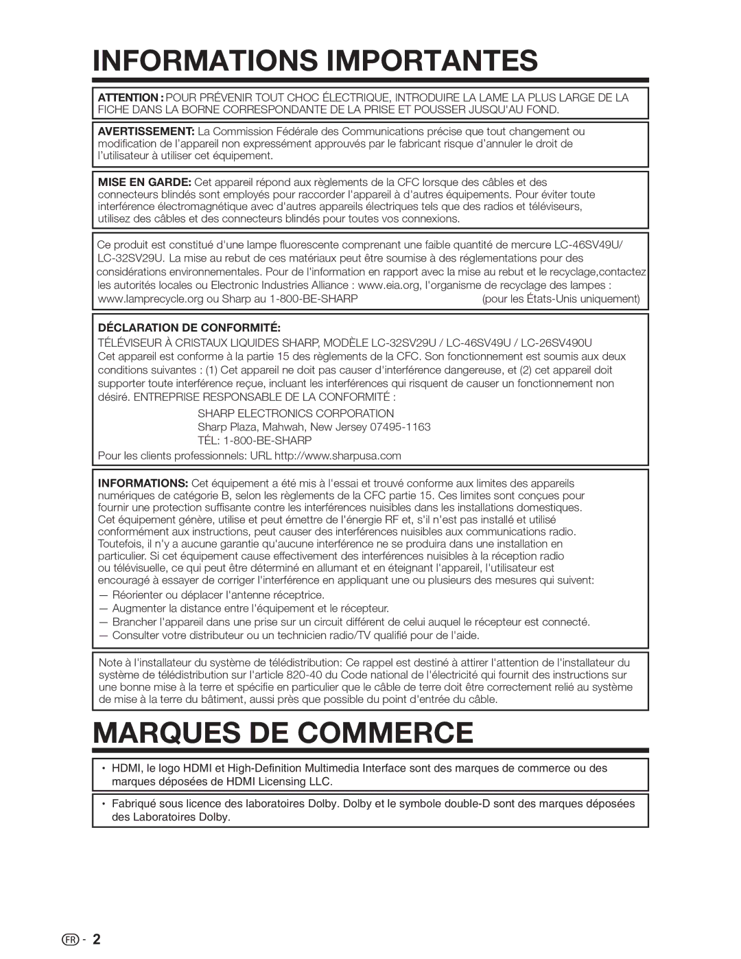 Sharp LC-46SV49U, LC-32SV29U, LC-26SV490U operation manual Marques DE Commerce, Déclaration DE Conformité 