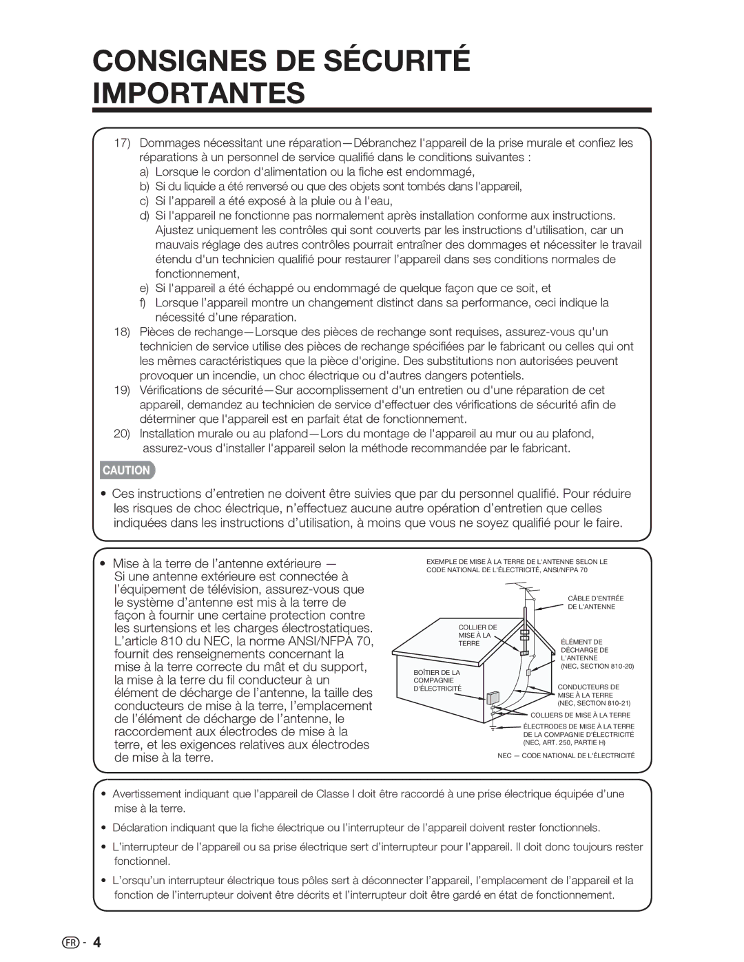 Sharp LC-32SV29U, LC-46SV49U, LC-26SV490U operation manual Compagnie Conducteurs DE Délectricité Mise À LA Terre 