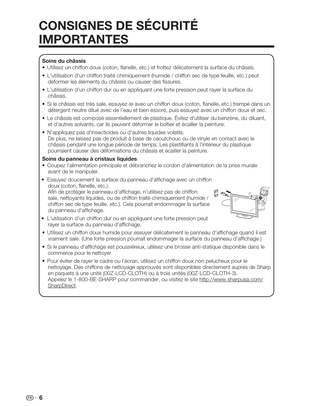 Sharp LC-26SV490U, LC-32SV29U, LC-46SV49U operation manual Soins du châssis, Soins du panneau à cristaux liquides 