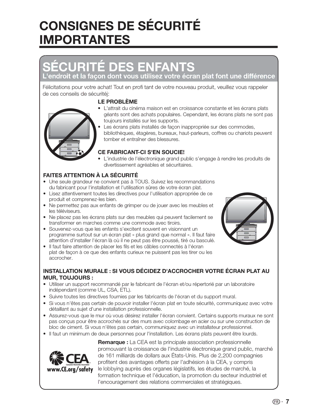 Sharp LC-32SV29U, LC-46SV49U, LC-26SV490U operation manual Sécurité DES Enfants 