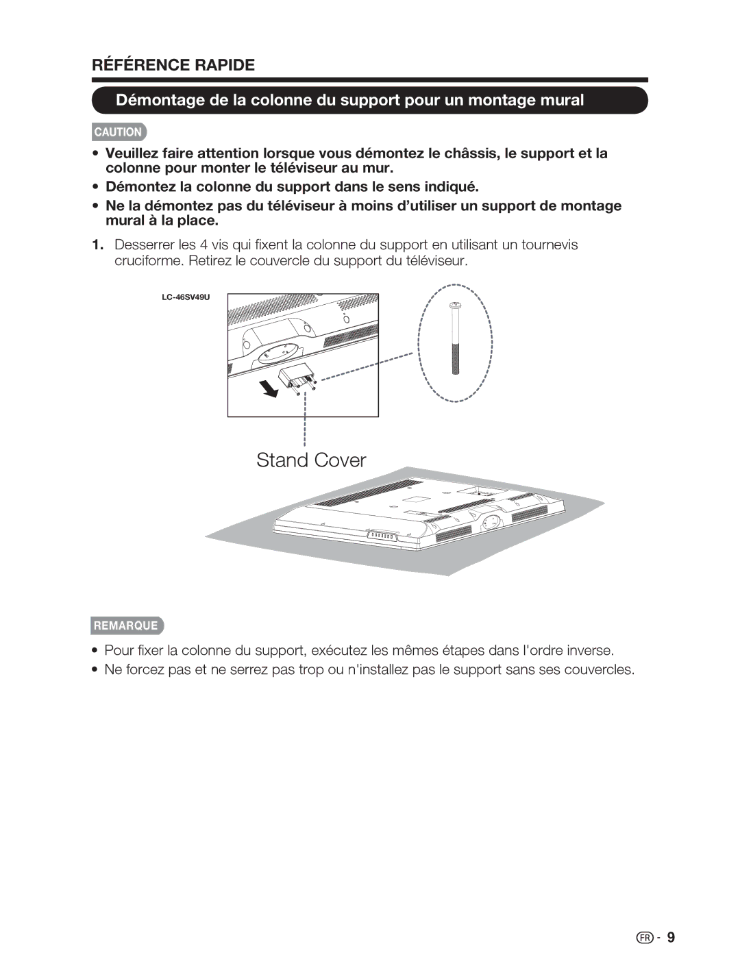 Sharp LC-26SV490U, LC-32SV29U, LC-46SV49U Référence Rapide, Démontage de la colonne du support pour un montage mural 