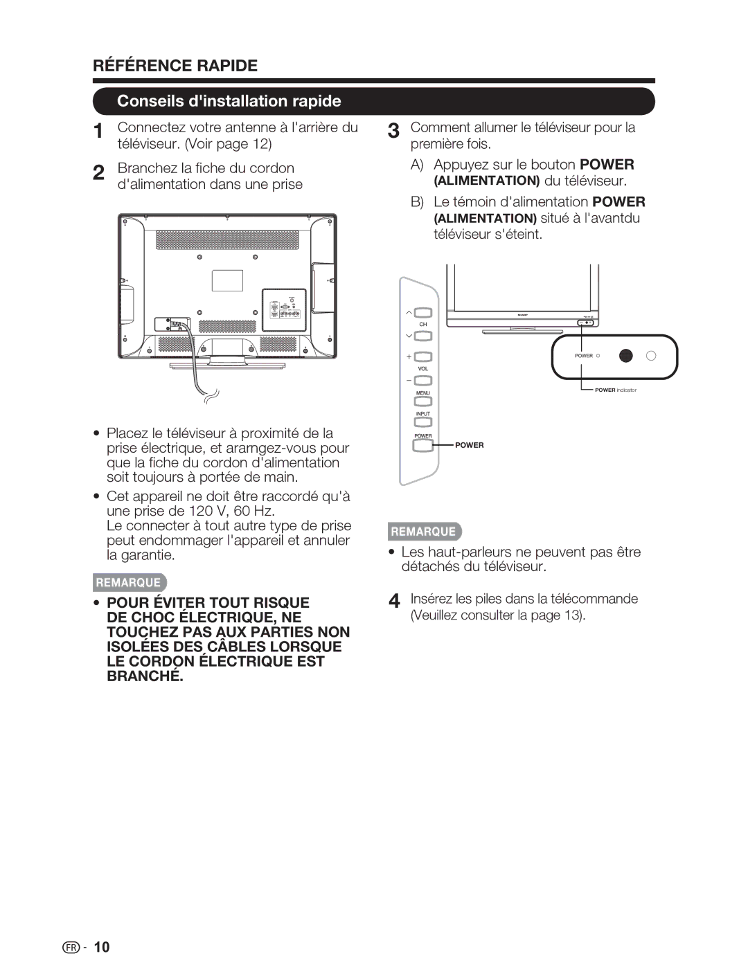 Sharp LC-32SV29U, LC-46SV49U Conseils dinstallation rapide, Appuyez sur le bouton Power Alimentation du téléviseur 