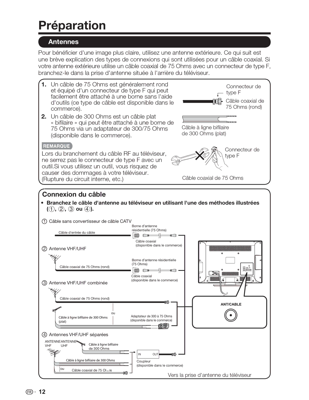 Sharp LC-26SV490U, LC-32SV29U, LC-46SV49U operation manual Préparation, Antennes, Connexion du câble dantenne 