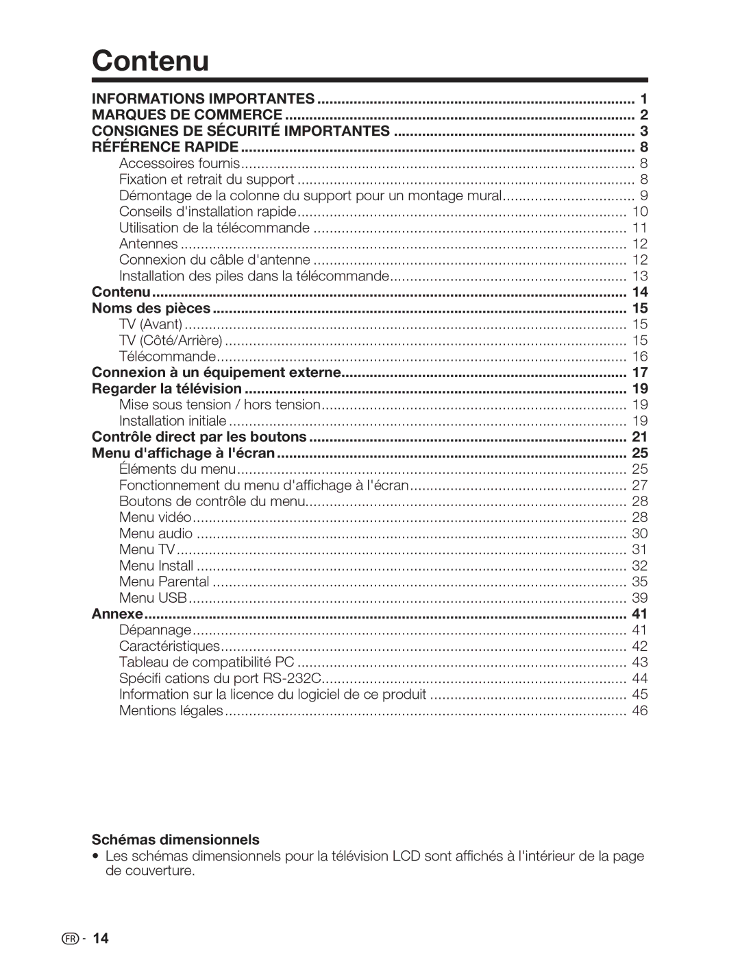 Sharp LC-46SV49U, LC-32SV29U, LC-26SV490U operation manual Contenu 