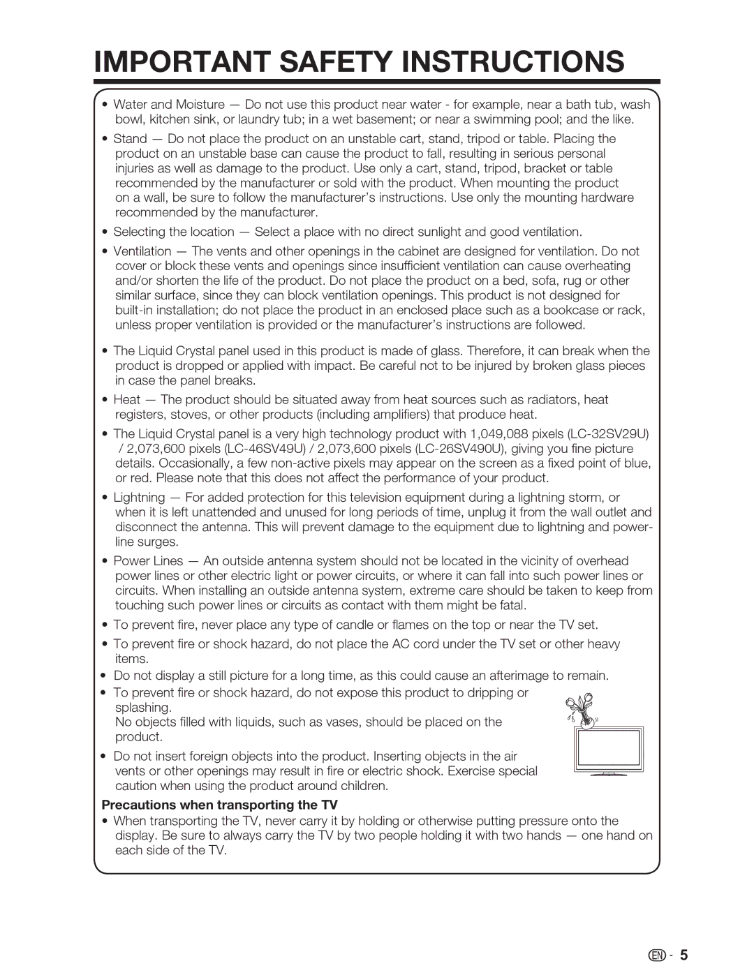 Sharp LC-46SV49U, LC-32SV29U, LC-26SV490U operation manual Precautions when transporting the TV 