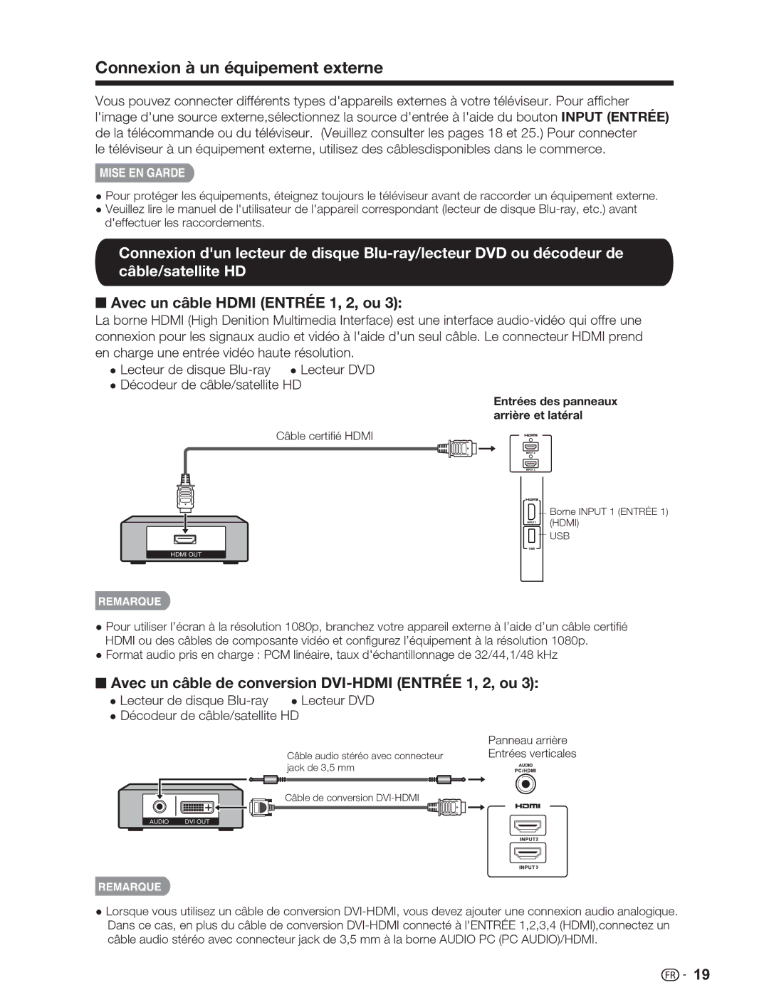 Sharp LC-32SV29U, LC-46SV49U, LC-26SV490U Connexion à un équipement externe, Avec un câble Hdmi Entrée 1, 2, ou 