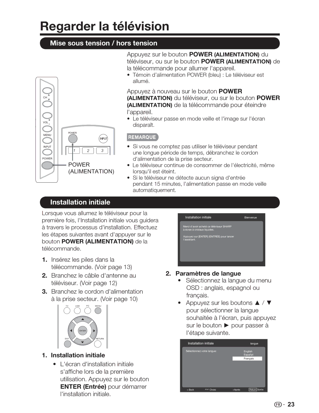 Sharp LC-46SV49U Regarder la télévision, Mise sous tension / hors tension, Installation initiale, Paramètres de langue 