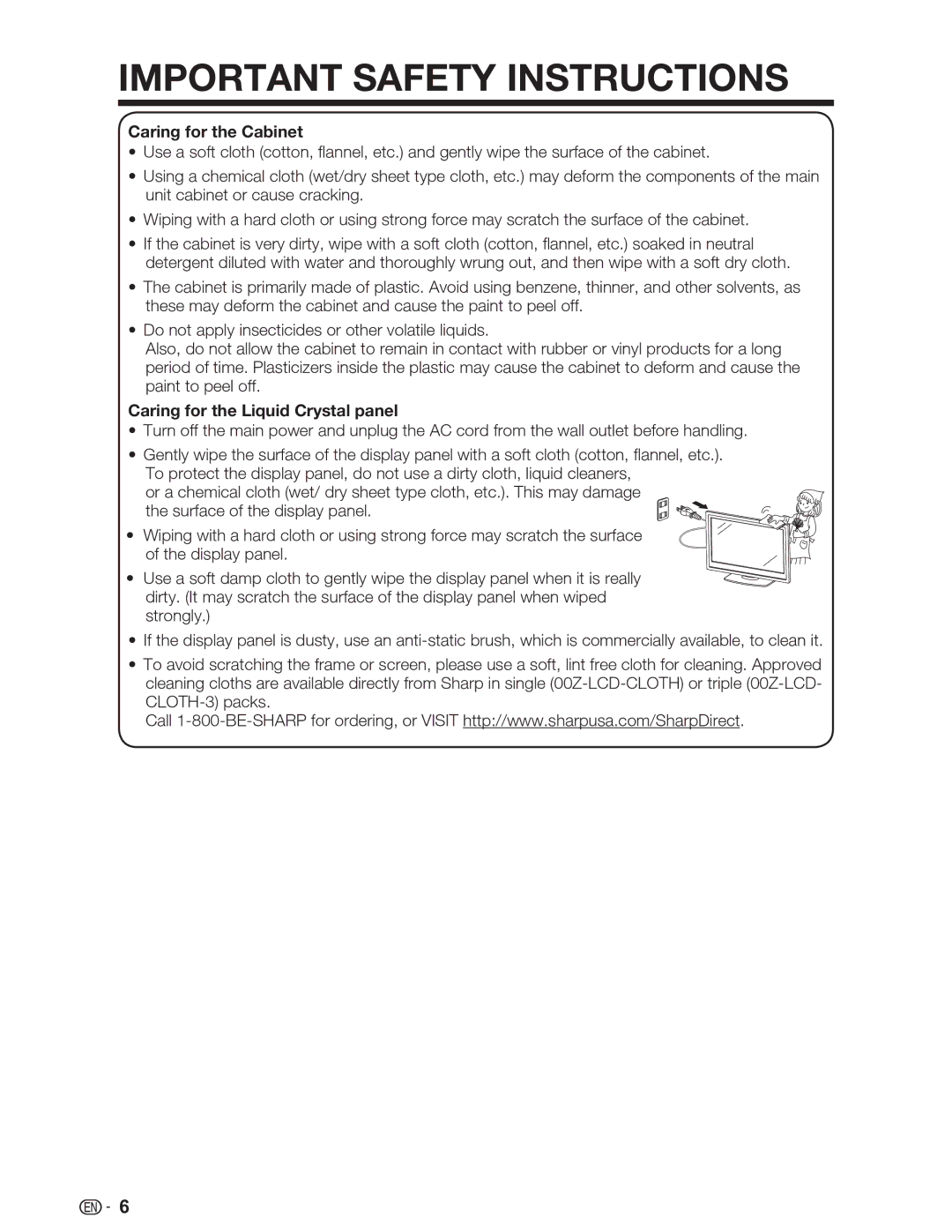 Sharp LC-26SV490U, LC-32SV29U, LC-46SV49U operation manual Caring for the Cabinet, Caring for the Liquid Crystal panel 