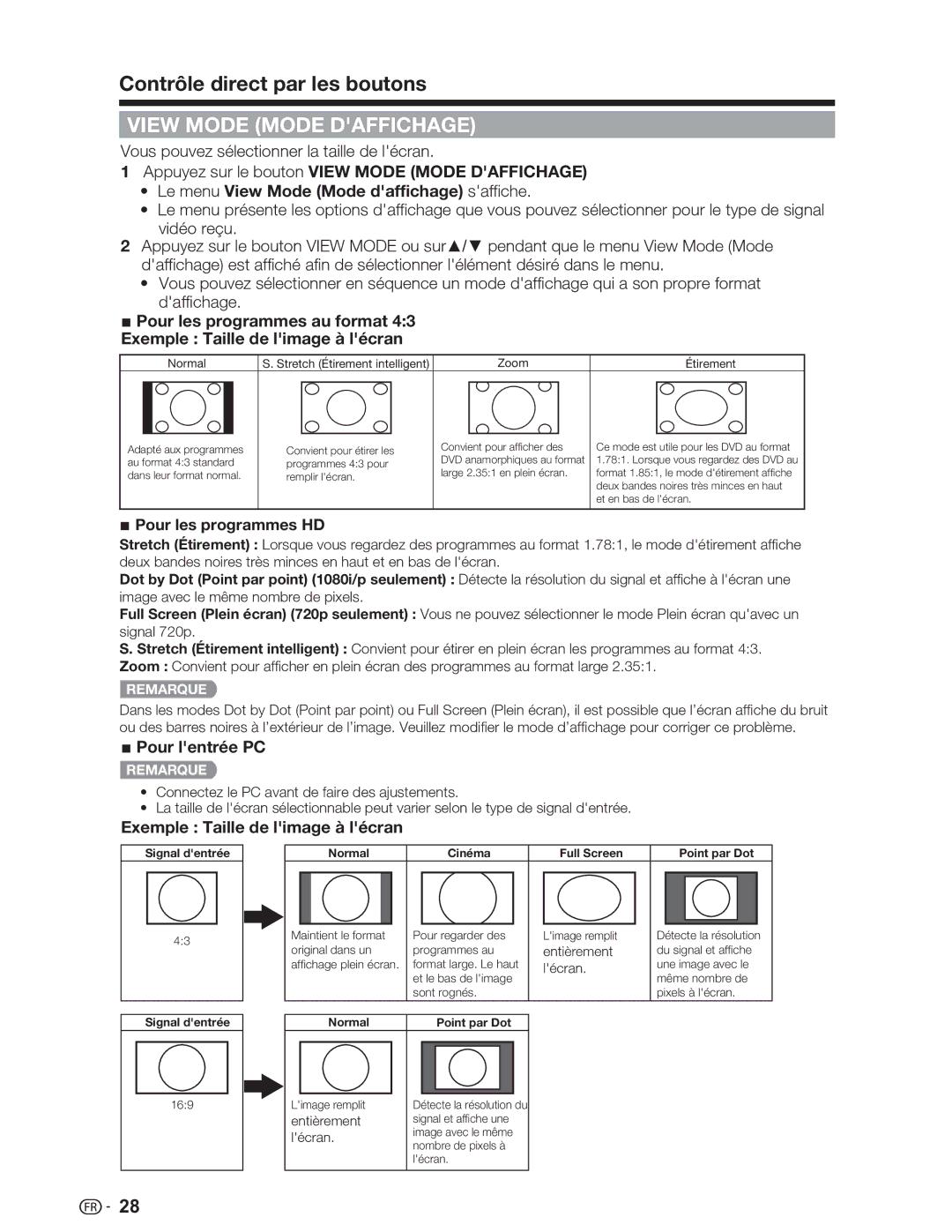 Sharp LC-32SV29U, LC-46SV49U, LC-26SV490U operation manual View Mode Mode Daffichage, Pour lentrée PC 