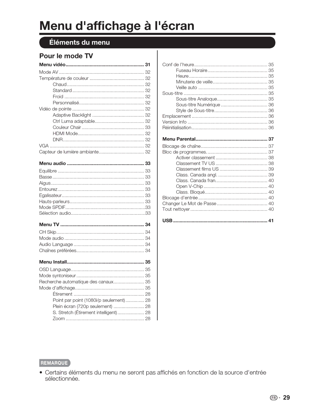 Sharp LC-46SV49U, LC-32SV29U, LC-26SV490U operation manual Menu daffichage à lécran, Éléments du menu, Pour le mode TV 