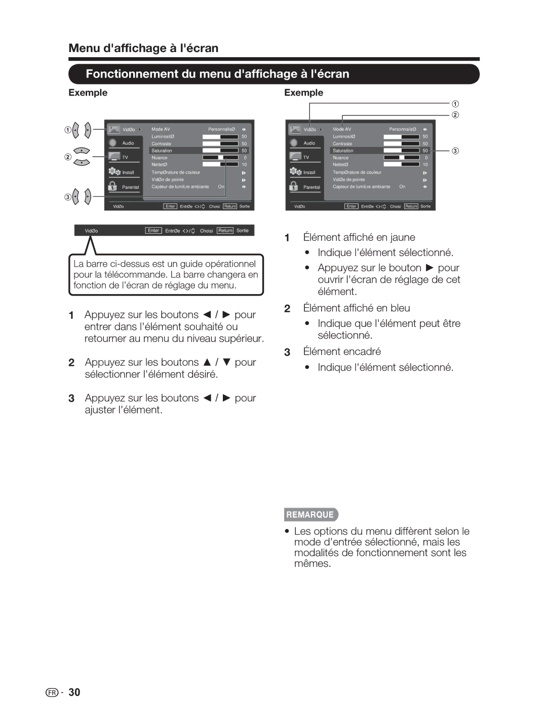 Sharp LC-26SV490U, LC-32SV29U, LC-46SV49U Menu daffichage à lécran, Fonctionnement du menu daffichage à lécran, Exemple 