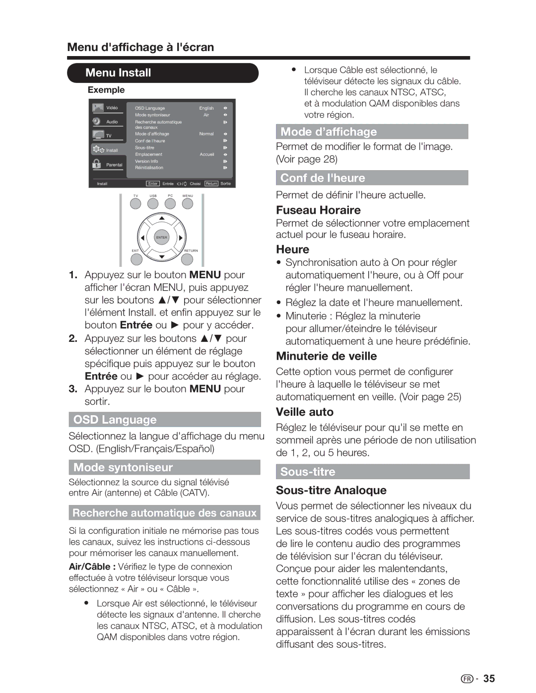 Sharp LC-46SV49U, LC-32SV29U, LC-26SV490U operation manual Mode syntoniseur, Mode d’affichage, Conf de lheure, Sous-titre 