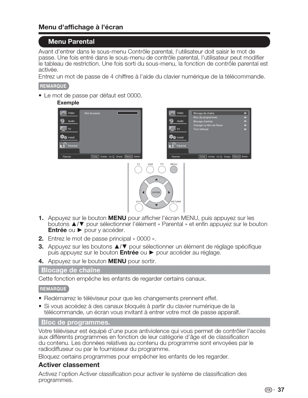 Sharp LC-32SV29U, LC-46SV49U, LC-26SV490U Menu Parental, Blocage de chaîne, Bloc de programmes, Activer classement 