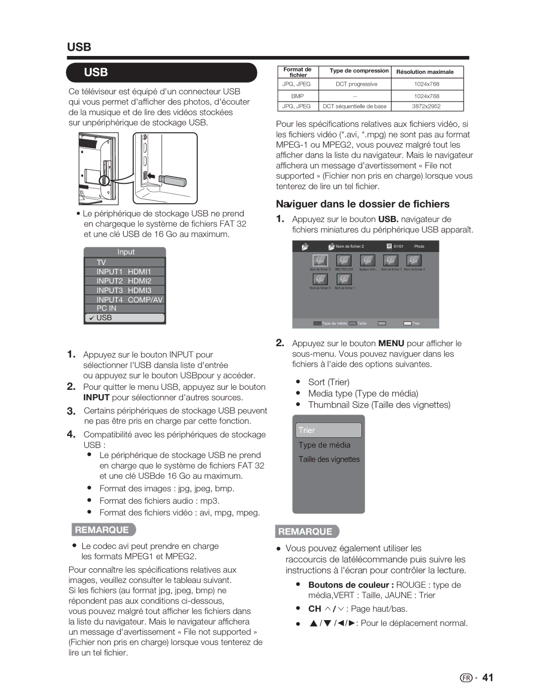 Sharp LC-46SV49U, LC-32SV29U, LC-26SV490U operation manual Naviguer dans le dossier de fichiers, Résolution maximale 