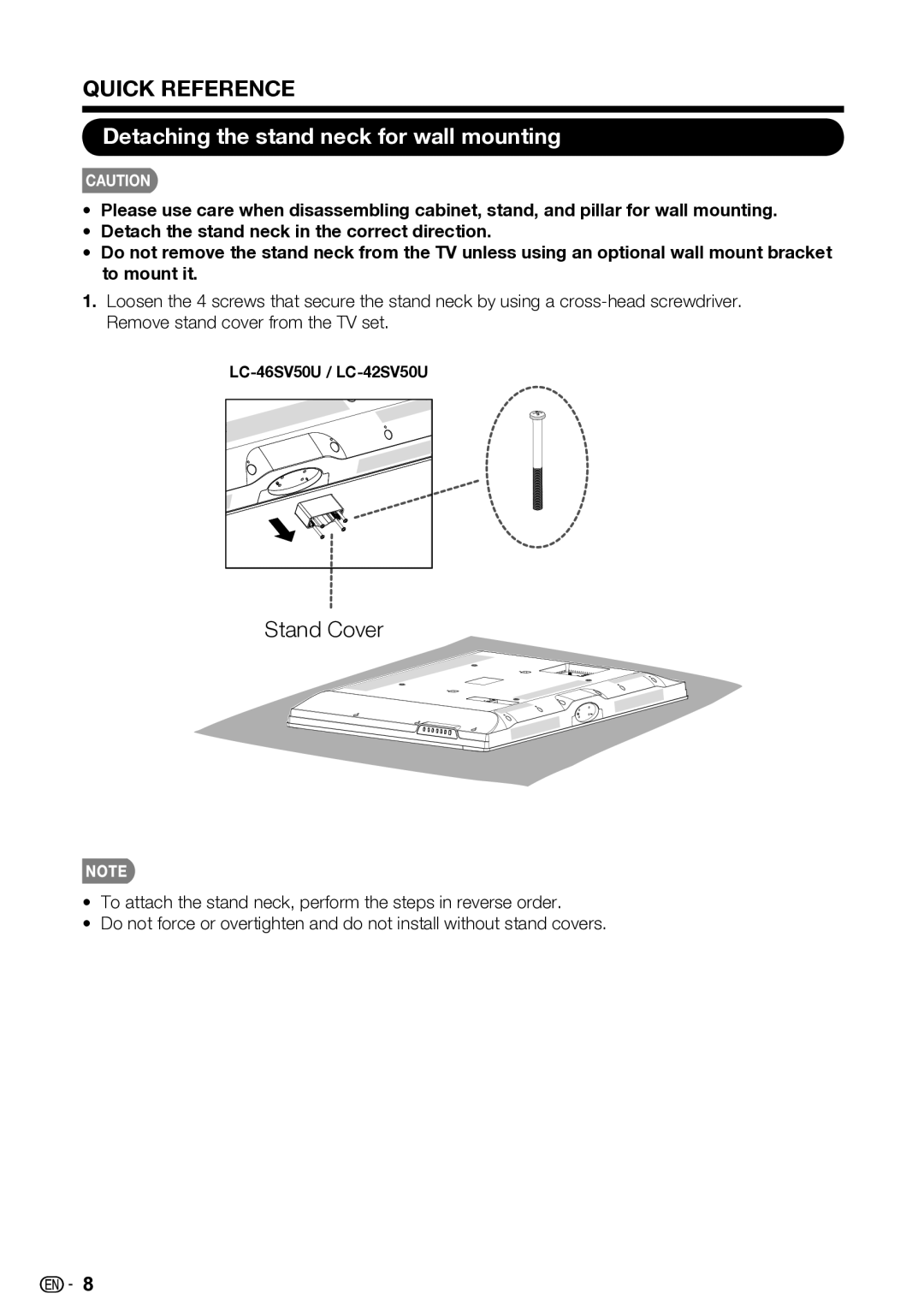 Sharp LC-32SV40U operation manual Detaching the stand neck for wall mounting, LC-46SV50U / LC-42SV50U 