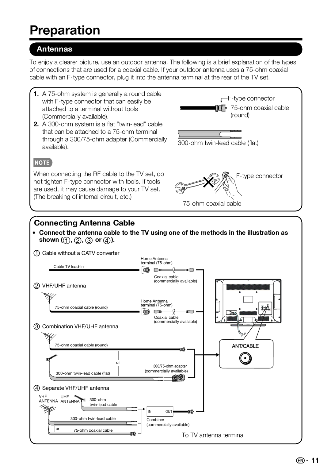 Sharp LC-42SV50U, LC-32SV40U, LC-46SV50U operation manual Preparation, Antennas, To TV antenna terminal 