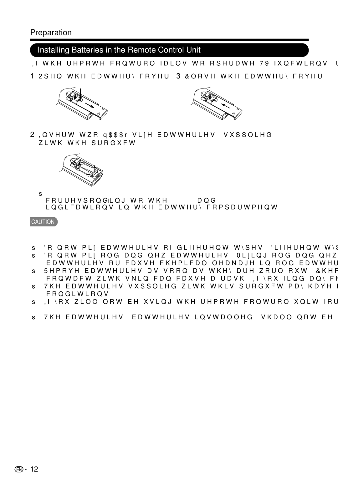 Sharp LC-46SV50U Installing Batteries in the Remote Control Unit, Insert two AAA size batteries supplied with the product 