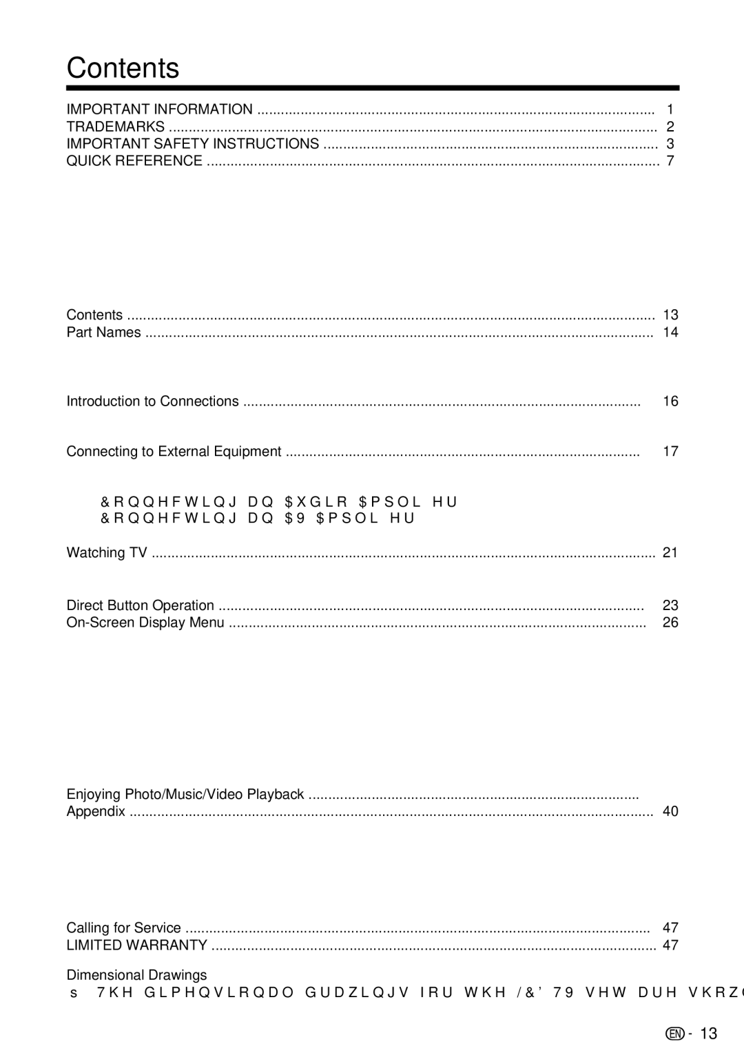 Sharp LC-32SV40U, LC-42SV50U, LC-46SV50U operation manual Contents 