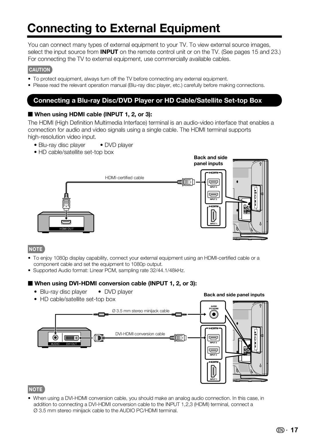 Sharp LC-42SV50U Connecting to External Equipment, When using Hdmi cable Input 1, 2, or, Back and side panel inputs 