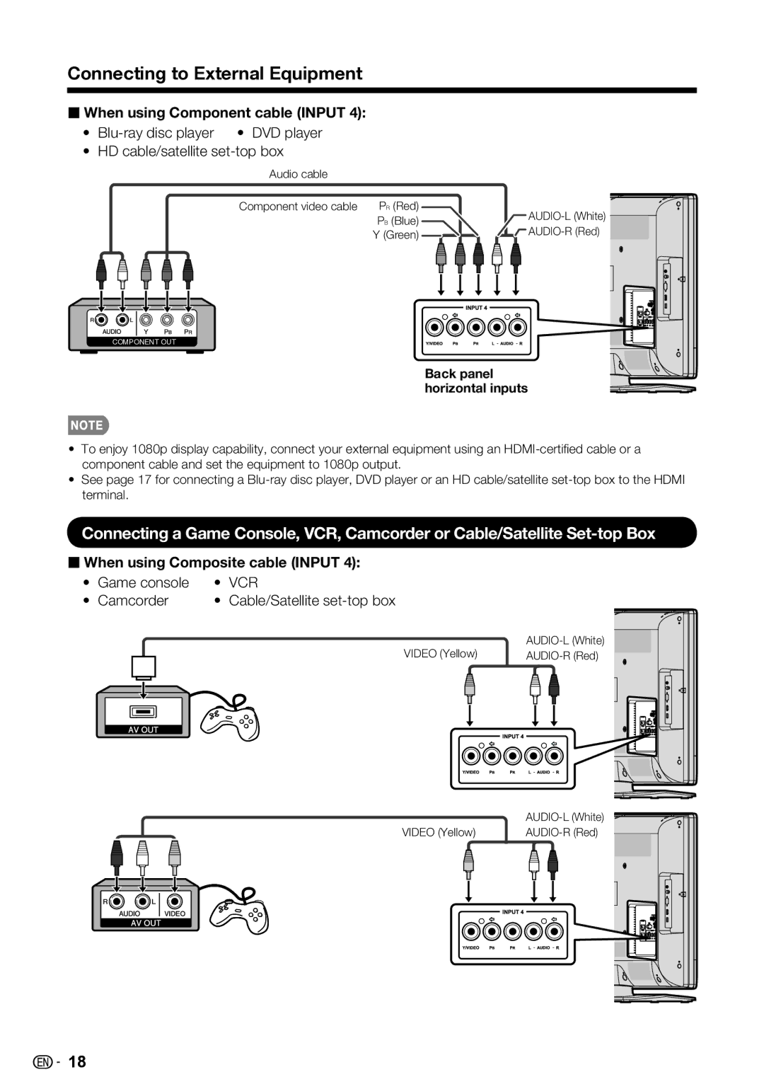 Sharp LC-46SV50U, LC-32SV40U When using Component cable Input, When using Composite cable Input, Game console, Camcorder 