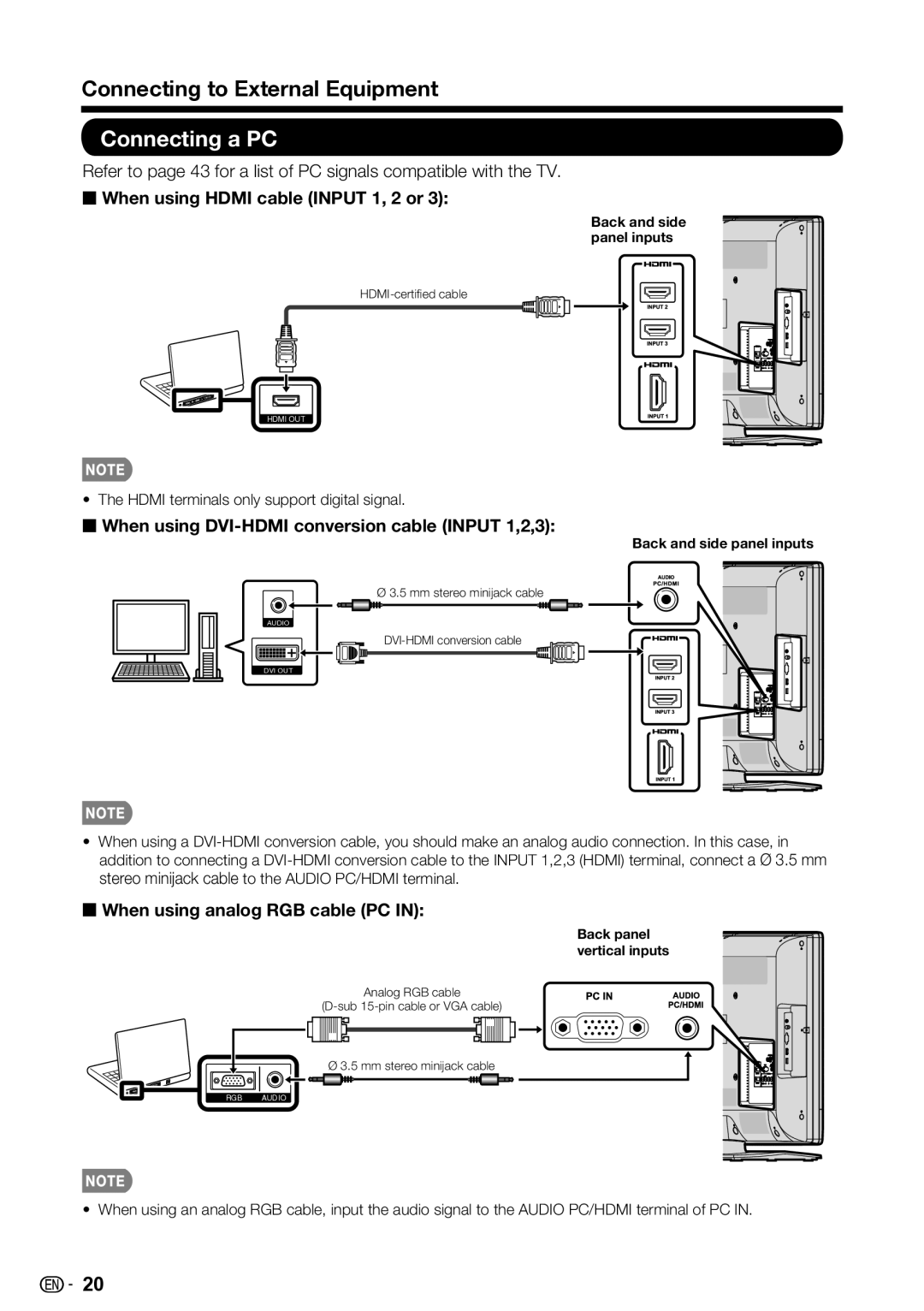 Sharp LC-42SV50U Connecting a PC, When using Hdmi cable Input 1, 2 or, When using DVI-HDMI conversion cable Input 1,2,3 