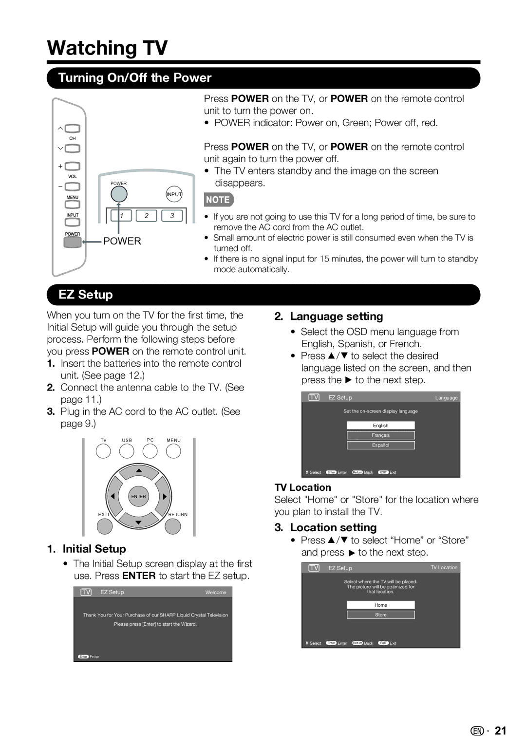 Sharp LC-46SV50U, LC-32SV40U, LC-42SV50U operation manual Watching TV, Turning On/Off the Power, EZ Setup 