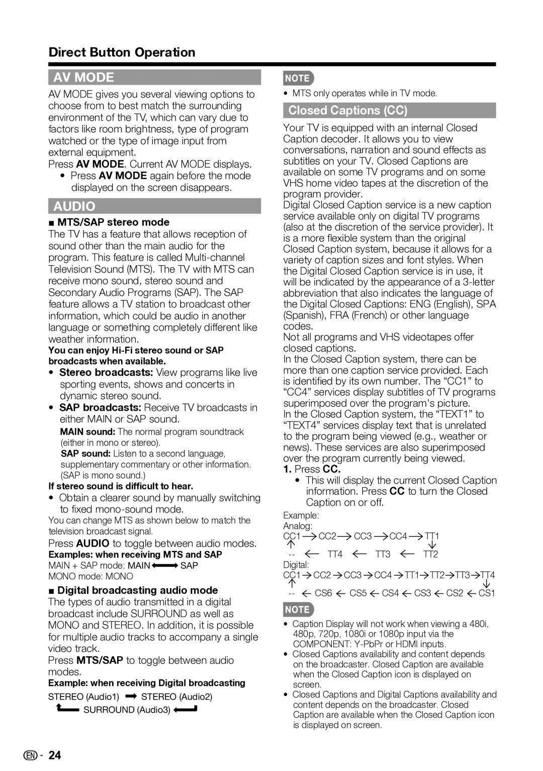 Sharp LC-46SV50U, LC-32SV40U, LC-42SV50U Closed Captions CC, MTS/SAP stereo mode, Press Audio to toggle between audio modes 