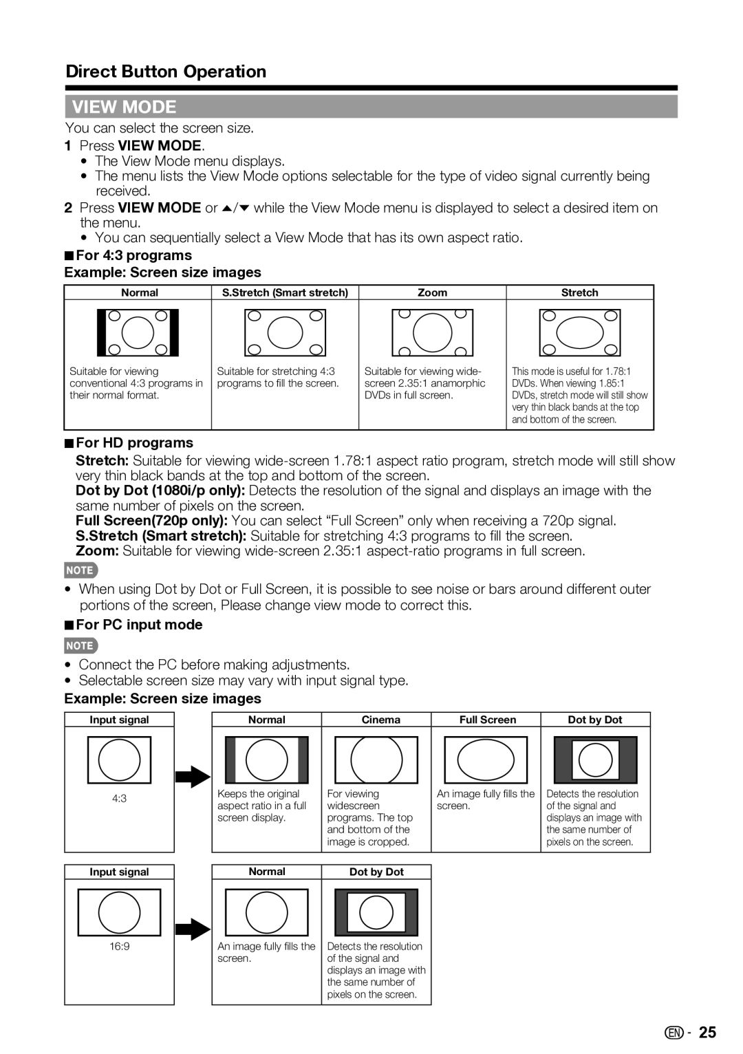 Sharp LC-32SV40U, LC-42SV50U You can select the screen size, Press View Mode, For HD programs, For PC input mode 