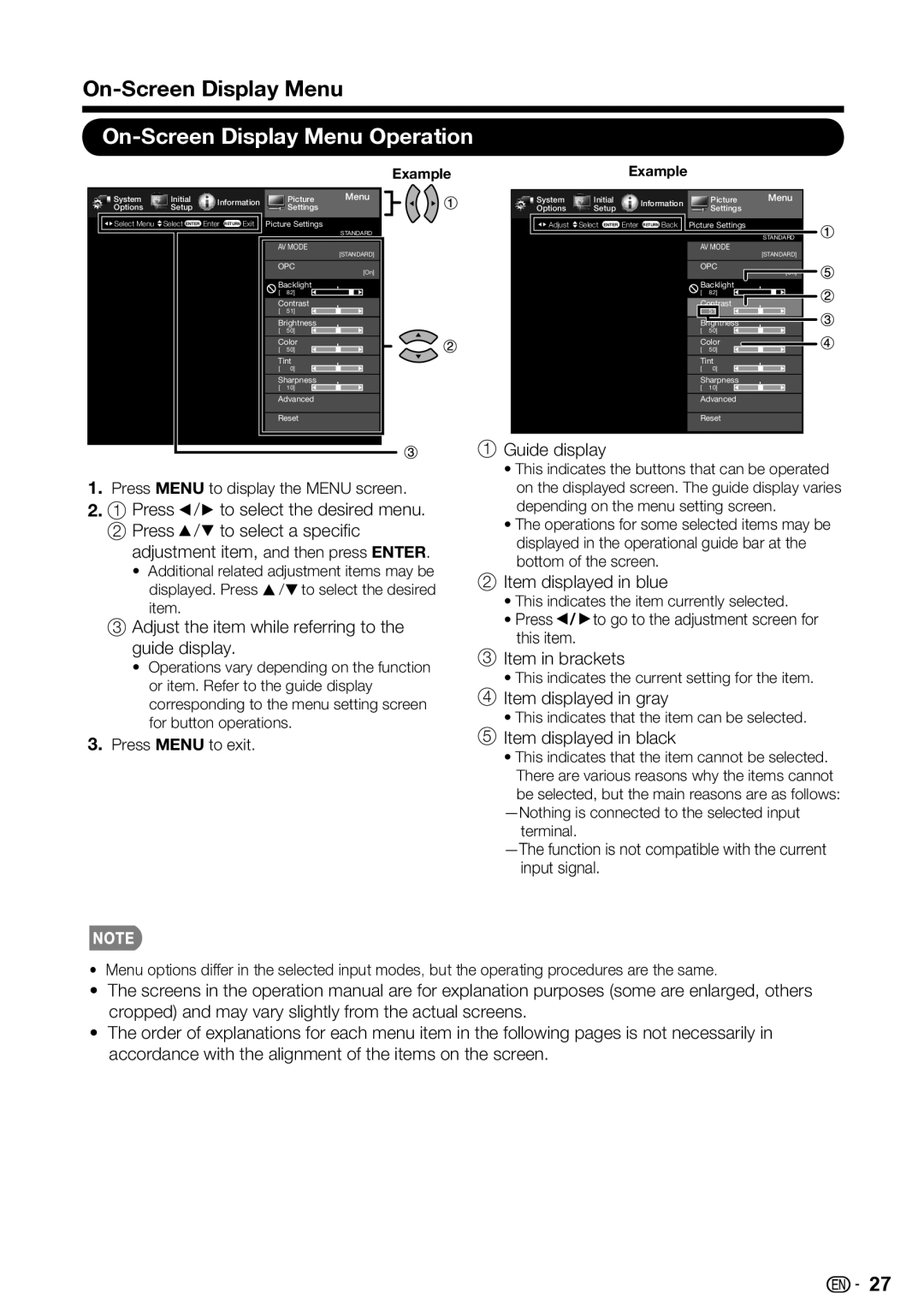 Sharp LC-46SV50U, LC-32SV40U, LC-42SV50U operation manual On-Screen Display Menu Operation 