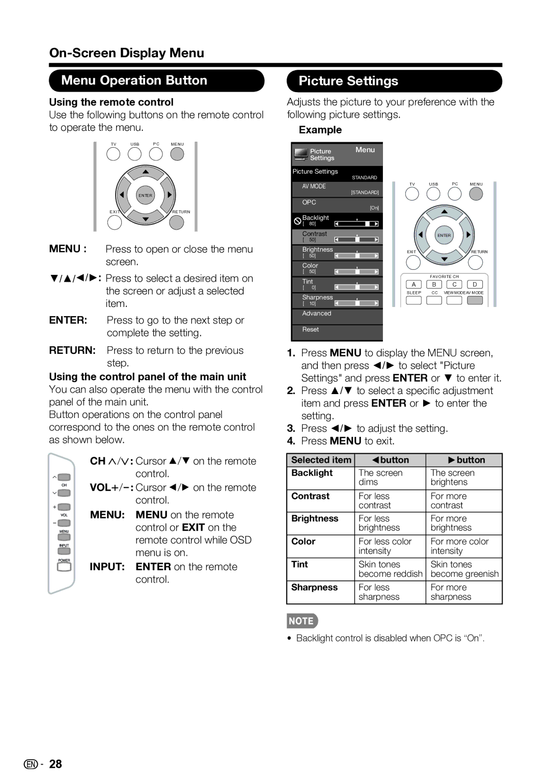 Sharp LC-32SV40U, LC-42SV50U, LC-46SV50U Menu Operation Button Picture Settings, Using the remote control, Example 