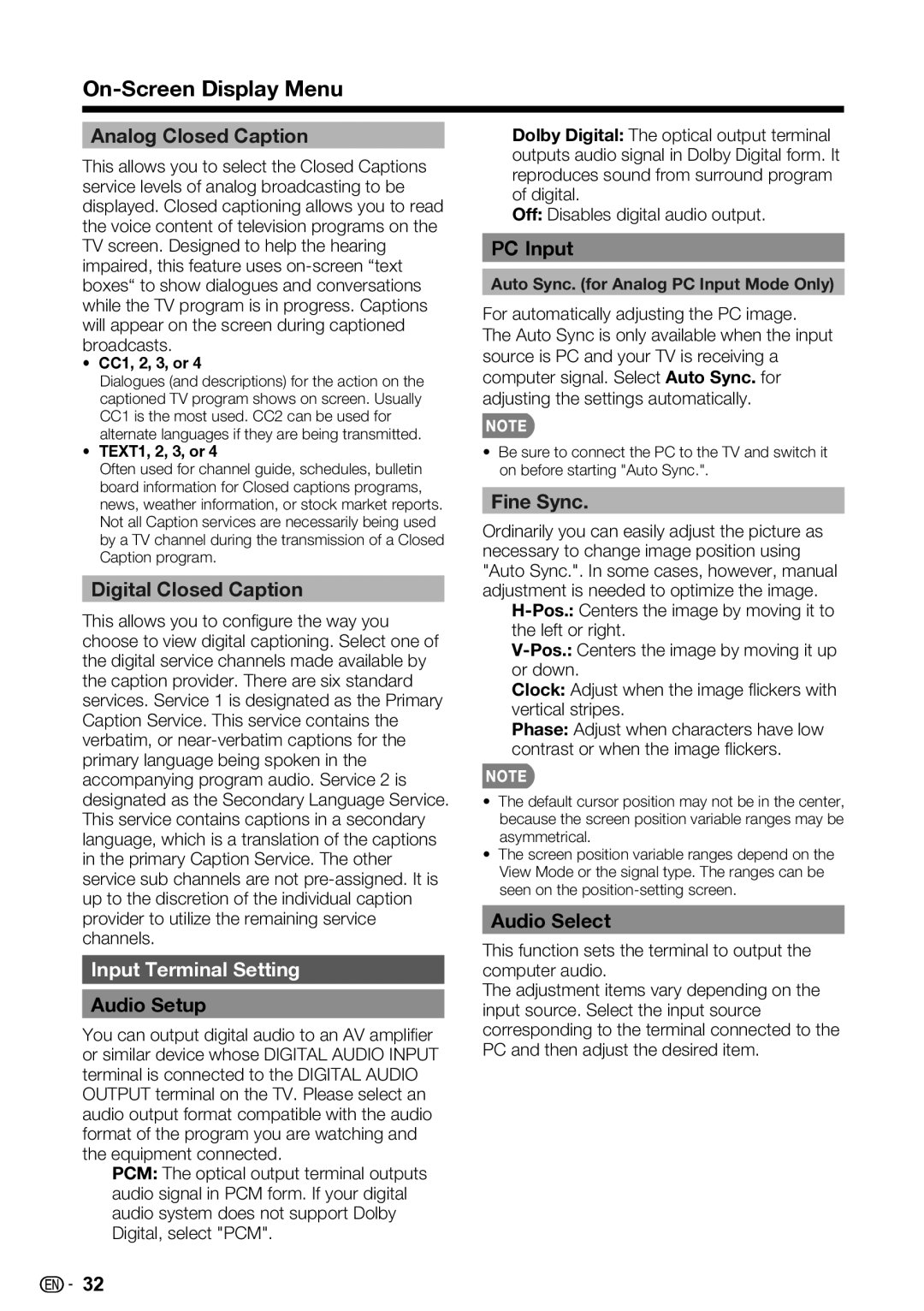 Sharp LC-42SV50U, LC-32SV40U, LC-46SV50U operation manual Input Terminal Setting, Audio Setup, PC Input, Audio Select 