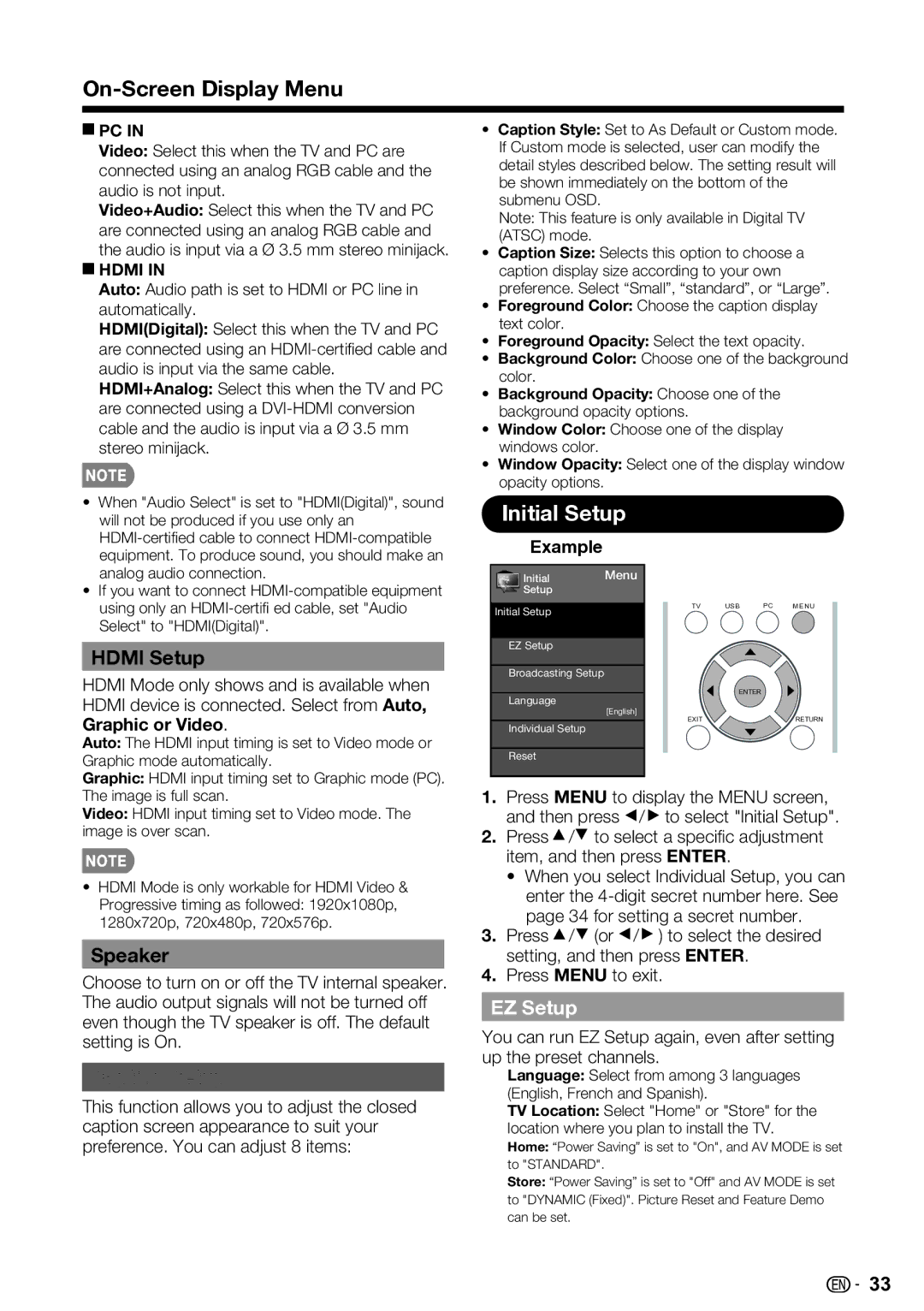 Sharp LC-46SV50U, LC-32SV40U, LC-42SV50U operation manual Initial Setup, Hdmi Setup, Speaker, Caption Setup, EZ Setup 