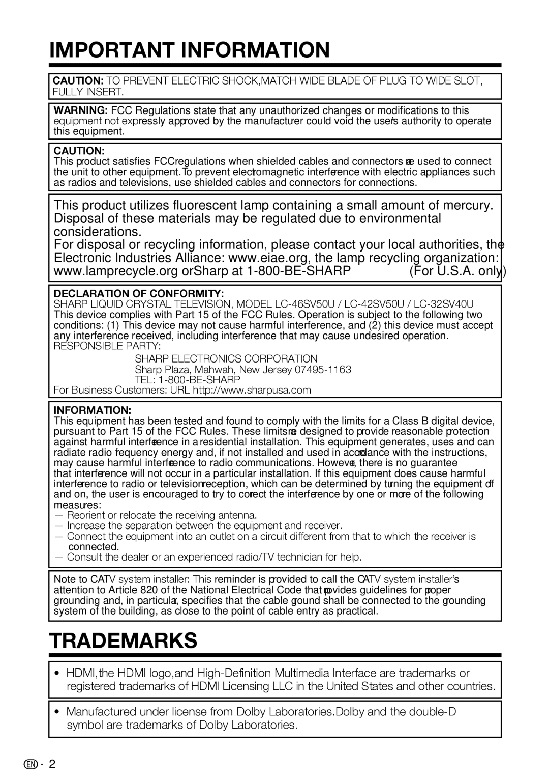 Sharp LC-42SV50U, LC-32SV40U, LC-46SV50U operation manual Important Information, Sharp Plaza, Mahwah, New Jersey 