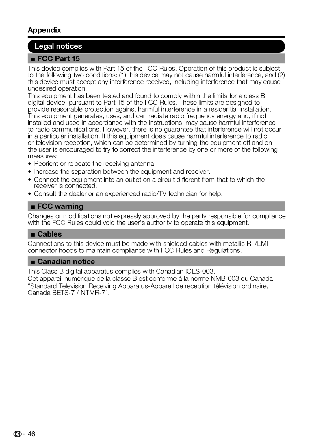 Sharp LC-32SV40U, LC-42SV50U, LC-46SV50U operation manual Legal notices, FCC Part 