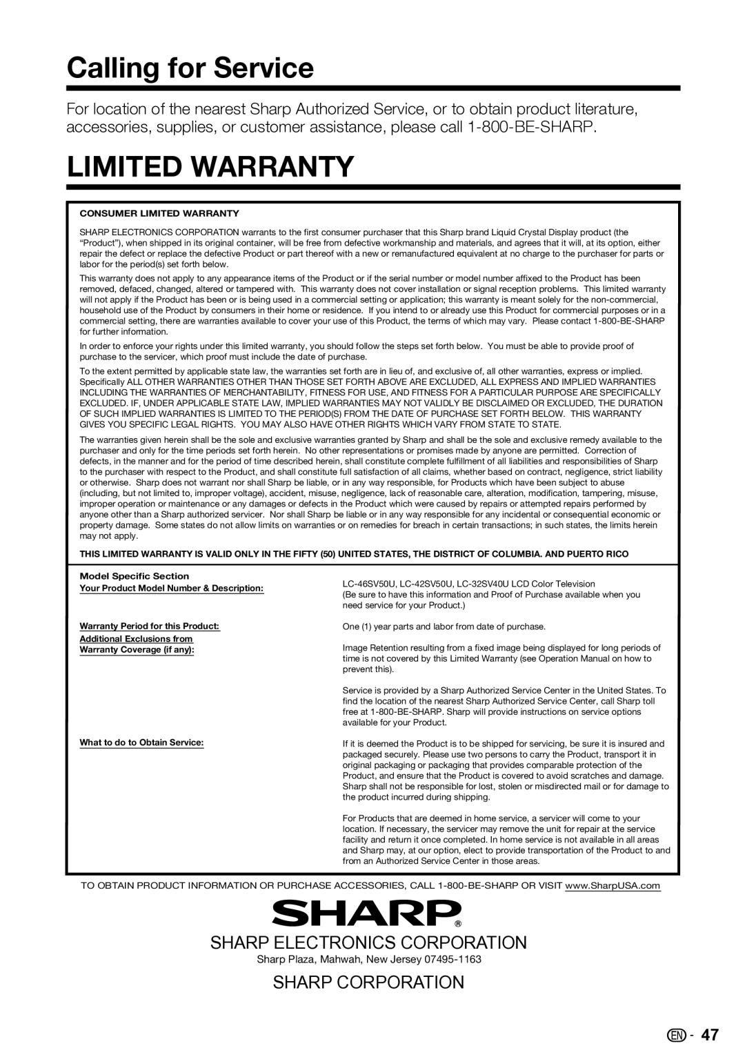 Sharp LC-42SV50U, LC-32SV40U, LC-46SV50U operation manual Calling for Service, Limited Warranty 