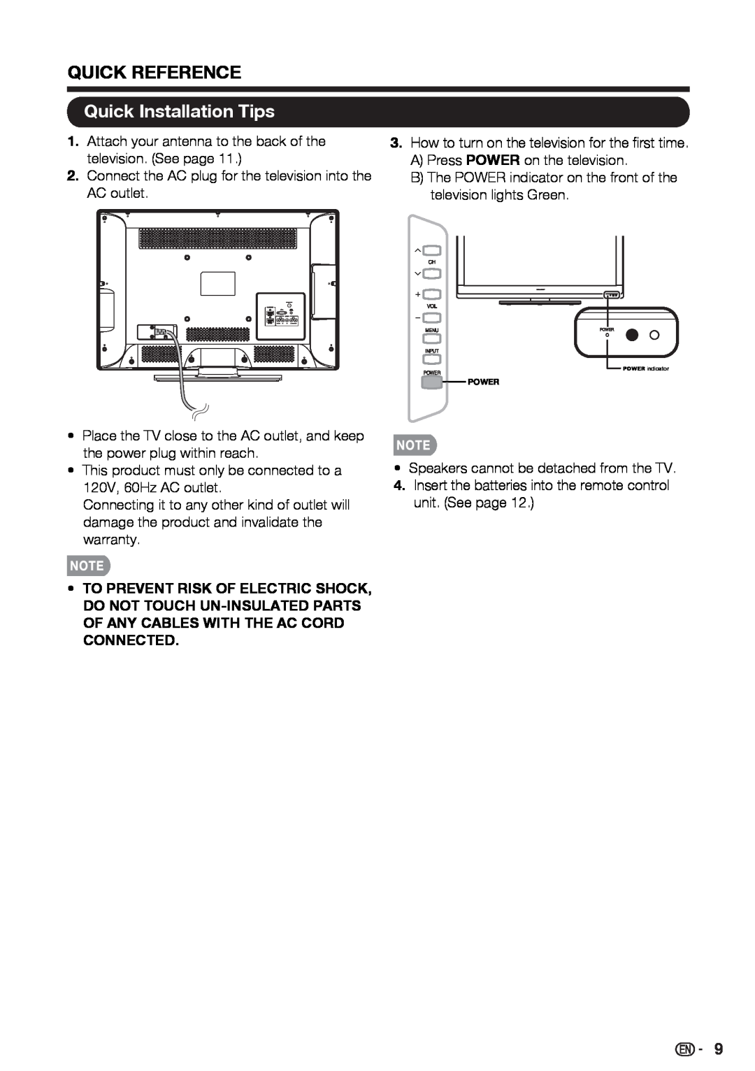 Sharp LC-46SV50U, LC-32SV40U, LC-42SV50U operation manual Quick Installation Tips, Quick Reference 