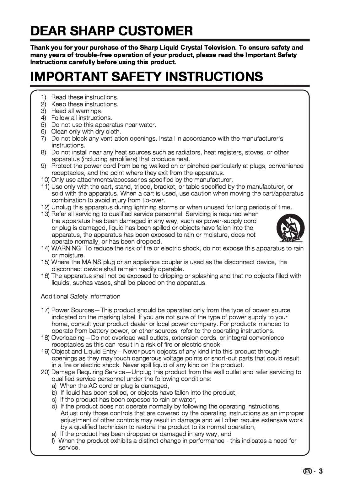 Sharp LC-46SV50U, LC-32SV40U, LC-42SV50U operation manual Dear Sharp Customer, Important Safety Instructions 