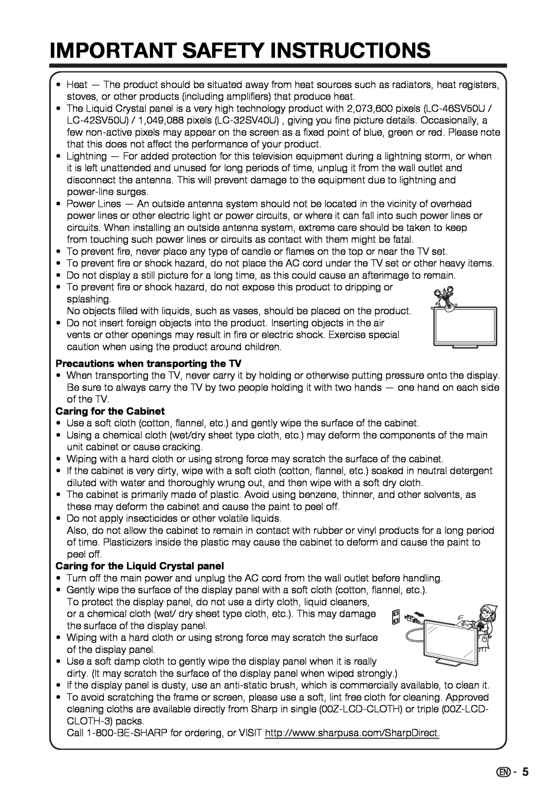 Sharp LC-42SV50U, LC-32SV40U Important Safety Instructions, Precautions when transporting the TV, Caring for the Cabinet 