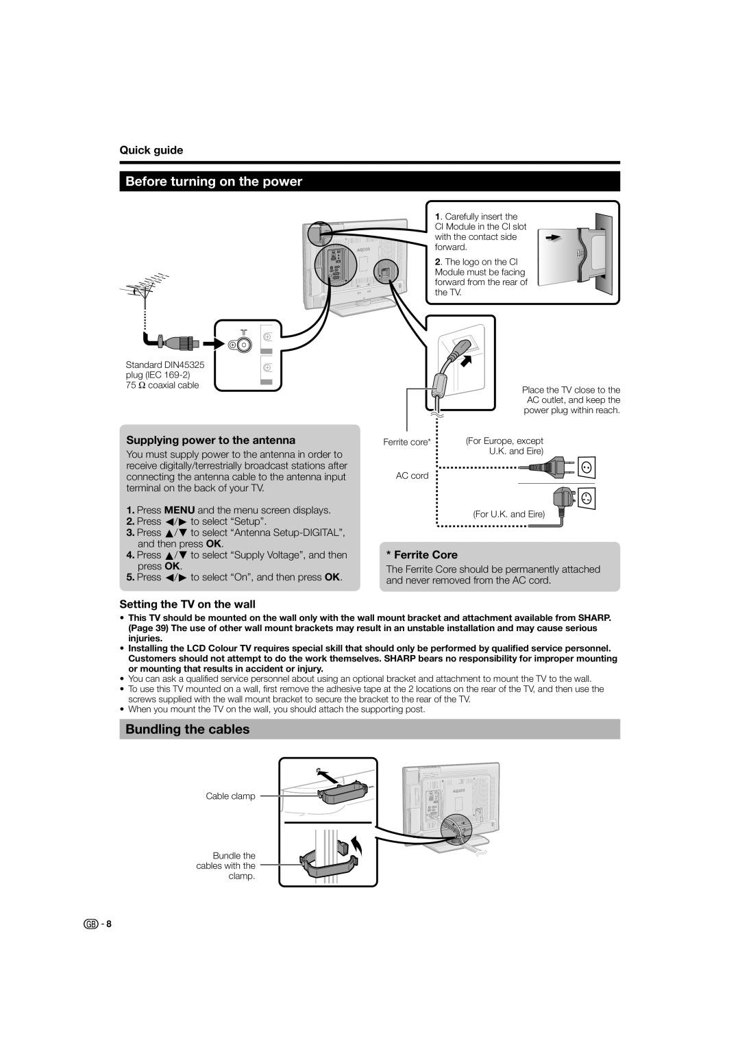 Sharp LC-37X20S, LC-32X20S, LC-37X20E operation manual Before turning on the power, Bundling the cables 