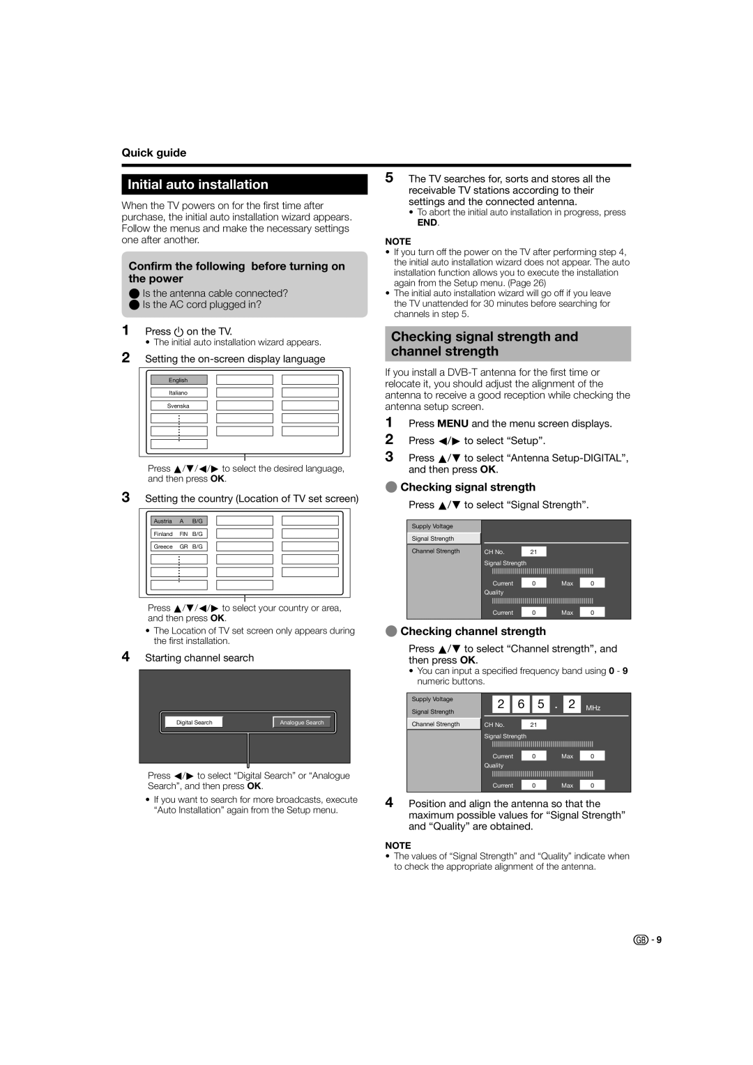 Sharp LC-37X20E Initial auto installation, Checking signal strength and channel strength, EChecking signal strength 